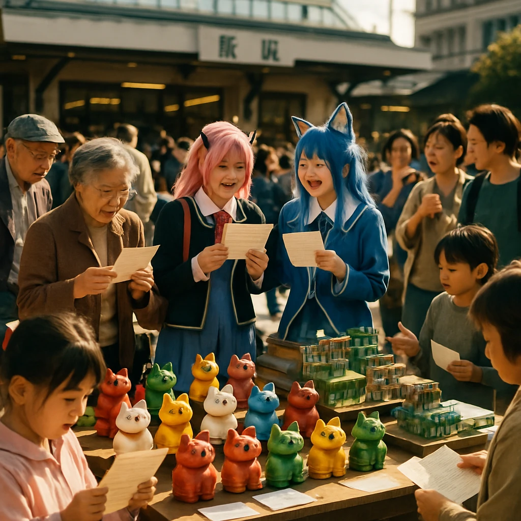 駅前広場の特設スペースで、カラフルな猫型フィギュアやジオラマに囲まれて子どもから大人まで多世代が集まり、謎めいた楽譜を手に楽しげに交流する様子。