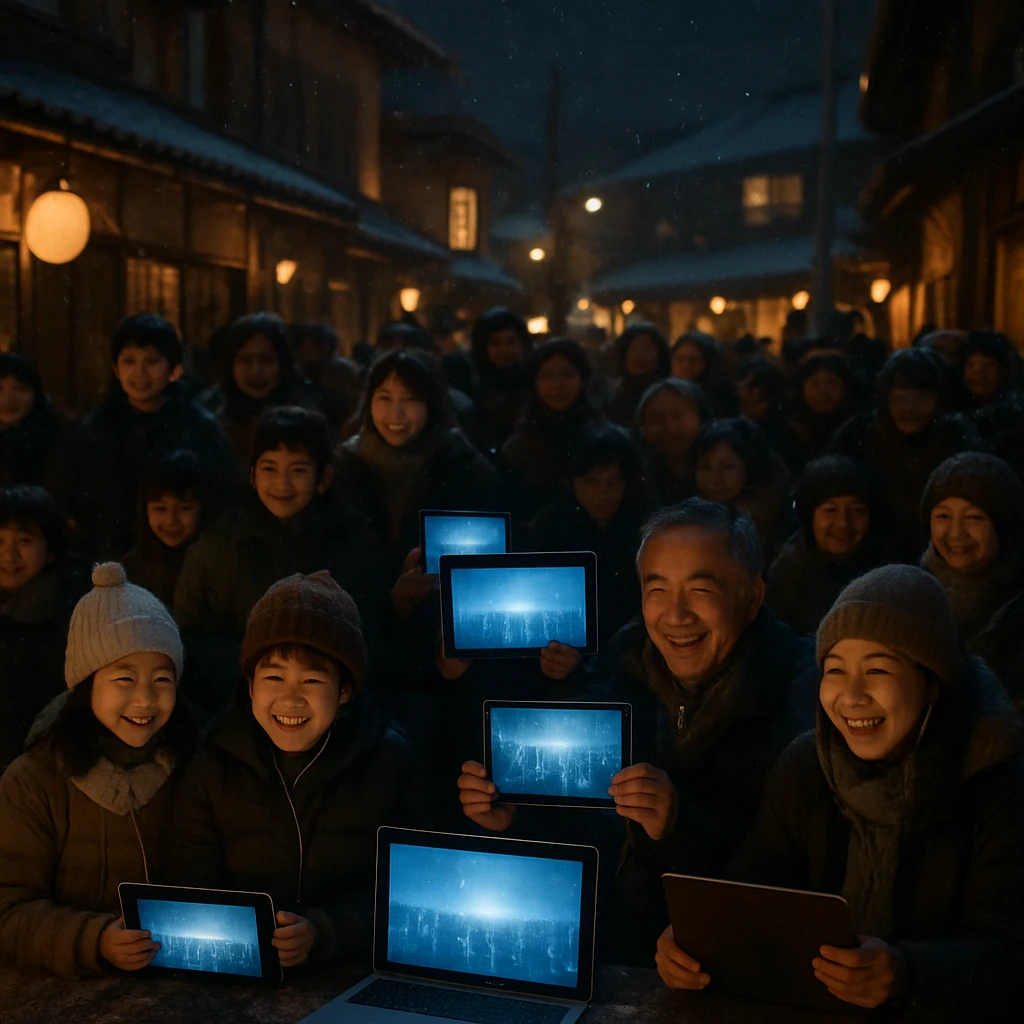 冬の町の広場で、町民たちが各自の端末を持ち寄り即席の映画鑑賞を楽しむ様子。