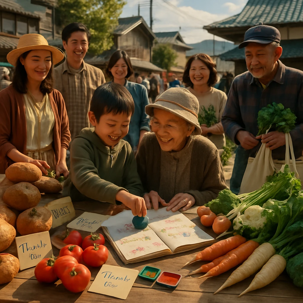 町の広場に置かれた長いテーブルを囲み、住民たちが手作りの品物や野菜を交換しながら笑顔で「ありがとう通帳」にカラフルなスタンプを押している様子。