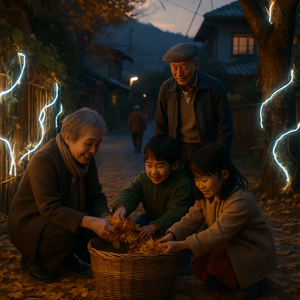 発光するツタ状ケーブルが町の小道や樹木に絡み、子どもと高齢者が落ち葉を集めている夕暮れの写真風景。