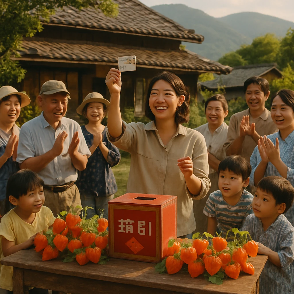 古民家の庭でホオズキの飾りとともに村人たちがくじ引きを楽しんでいる様子を写した写真。