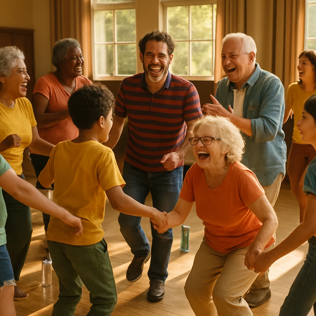 地域の音楽ホールで、様々な年代の人々が円になって笑顔でダンスを踊る様子。