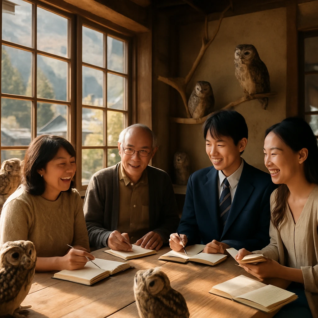 山間のカフェでフクロウが見守る中、様々な年代や立場の人たちがノートを囲んで温かく語り合っている写真です。