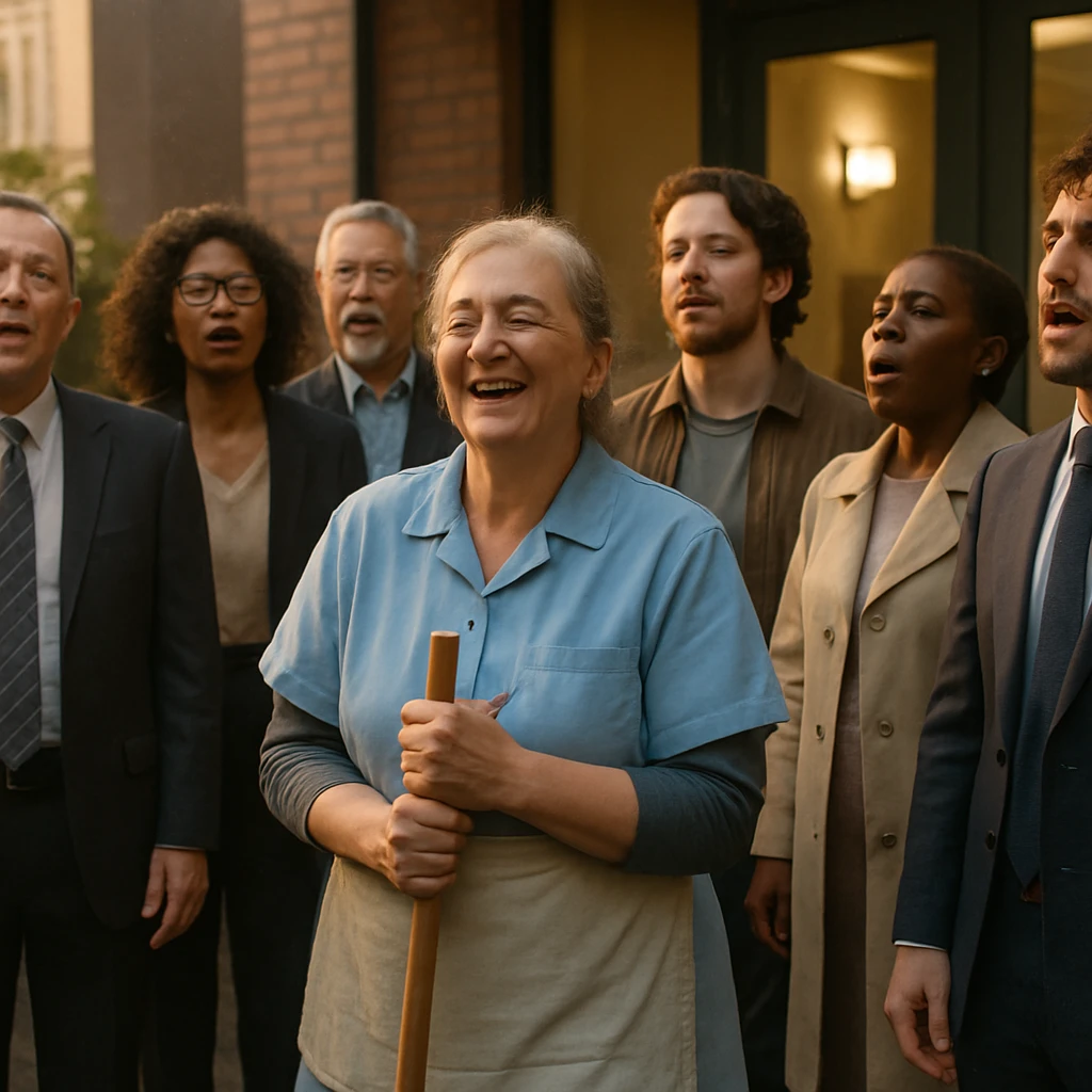 朝のオフィス前で多世代の人々が円を描きながら和やかに合唱している様子。