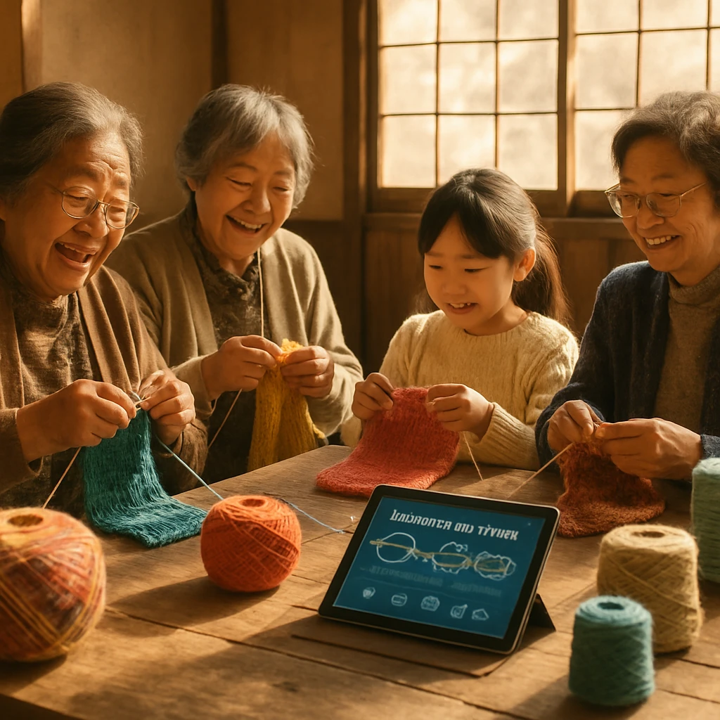 陽の差す町内会館で、数人の高齢女性と少女が色とりどりの毛糸で編み物をし、中央にタブレット端末が置かれている様子。