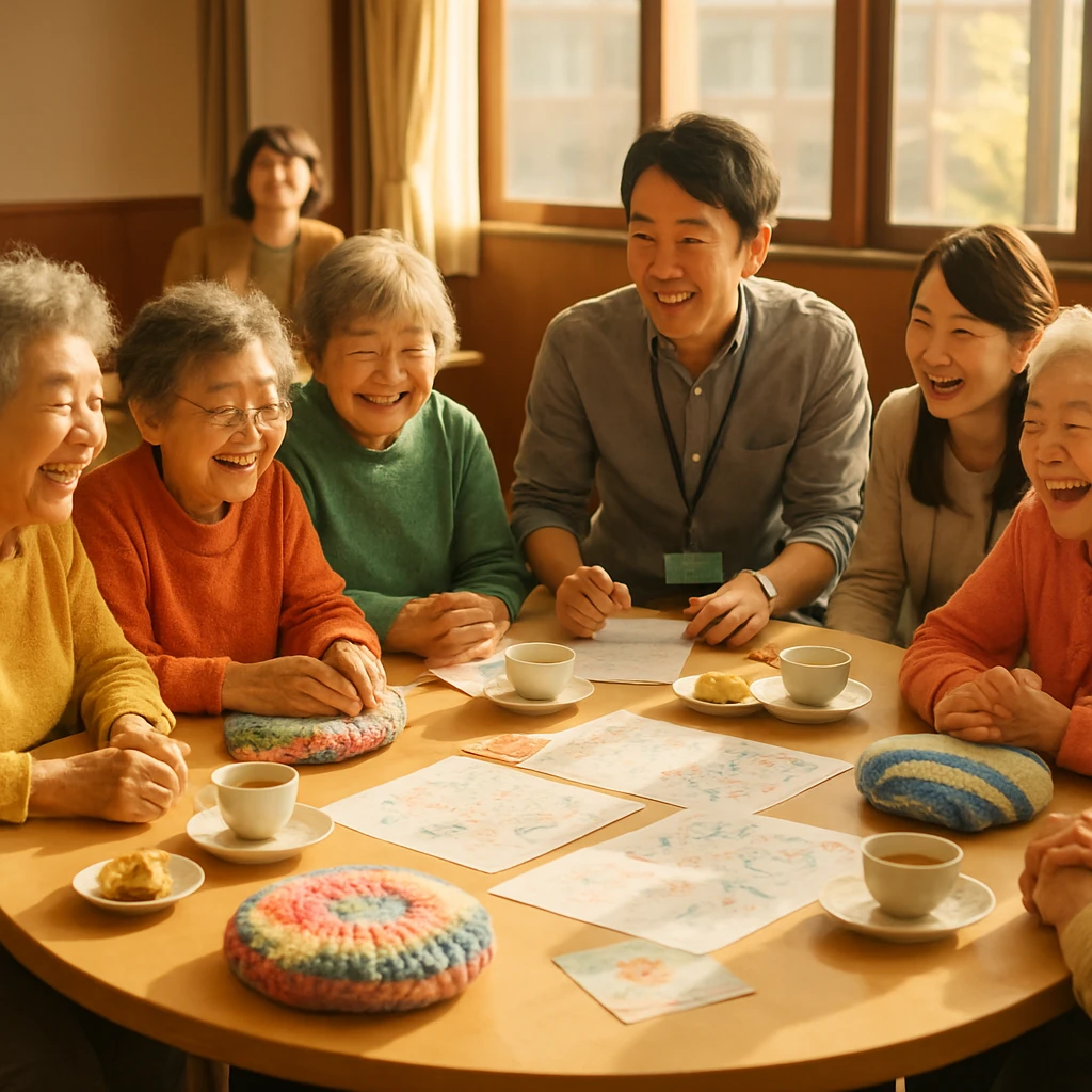 カラフルな服を着た数人のおばあちゃんたちと、若い職員やボランティアが円卓を囲んで和やかに話し合う様子の写真風画像。