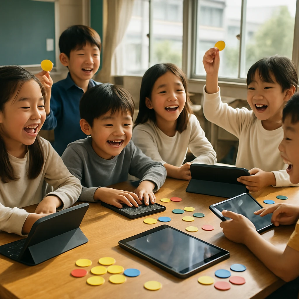 小学生たちが明るい教室でタブレットやカラフルなコインを使いながら楽しそうに意見を交わしている様子。