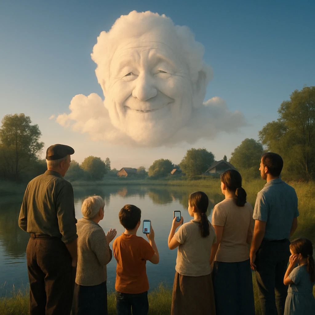 池のほとりで村人たちがスマートフォンや端末を手に、空に浮かぶ優しく微笑む雲を見上げている様子の写真風画像。