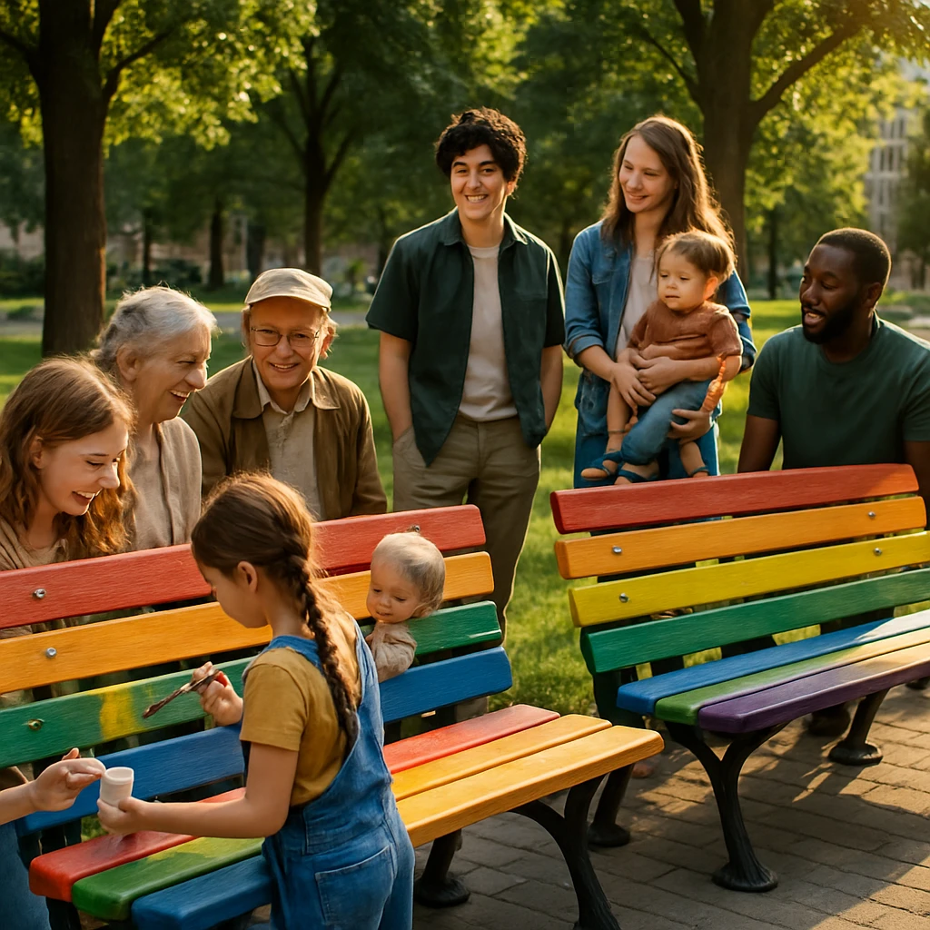 緑あふれる公園に虹色に塗られたベンチが設置され、さまざまな人々が周囲でくつろぎ語らう様子。