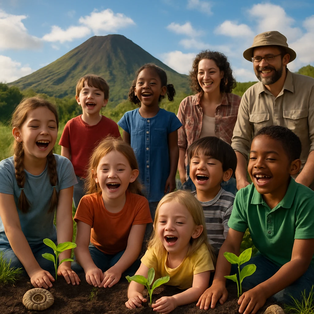 火山の麓で小学生たちが苗木を植え、化石のレプリカを添えながら歌っている様子を捉えた写真です。