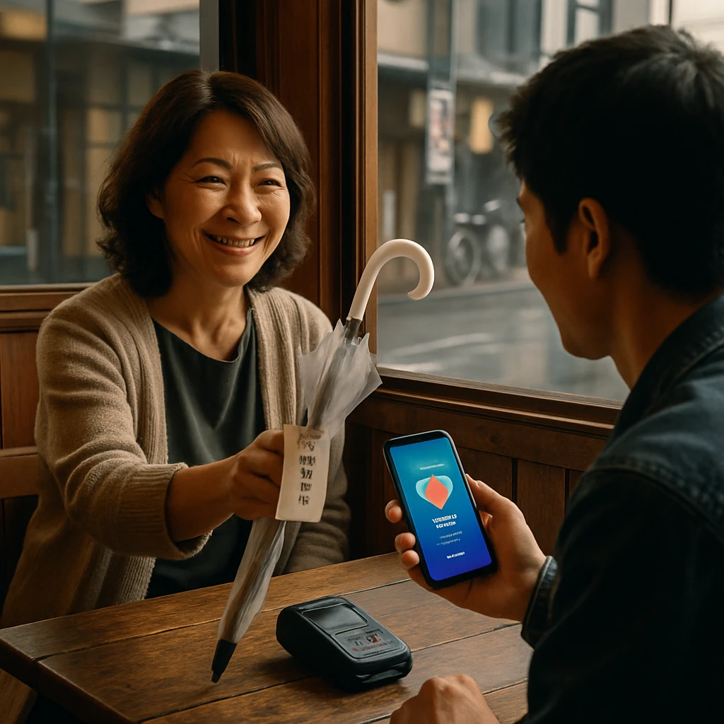 日本の街角カフェで女性が男性に傘とメッセージを手渡し、男性のスマホ画面に優しさポイントアプリが表示されている様子。
