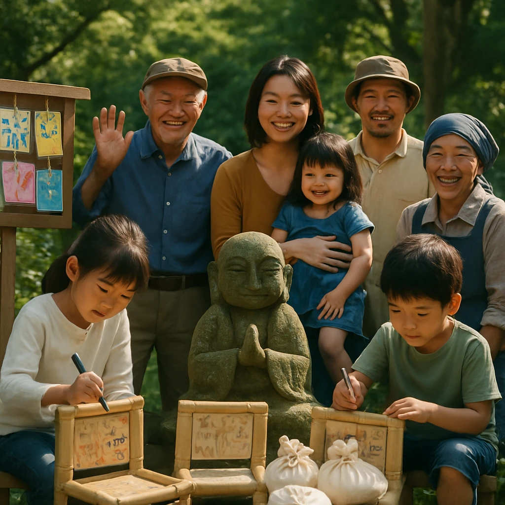里山の庭で家族や村人が竹の手作りイスや綿をお地蔵様の前に奉納し、子どもたちがイスに絵を描いている様子。