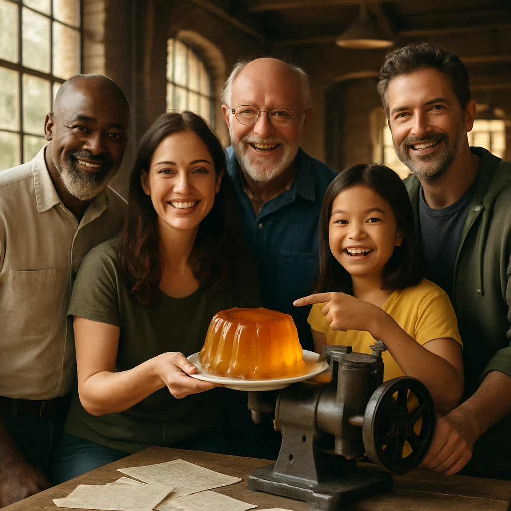 工場の中で手作りプリンとメモを囲み、笑顔で集まる5人のチームの様子。