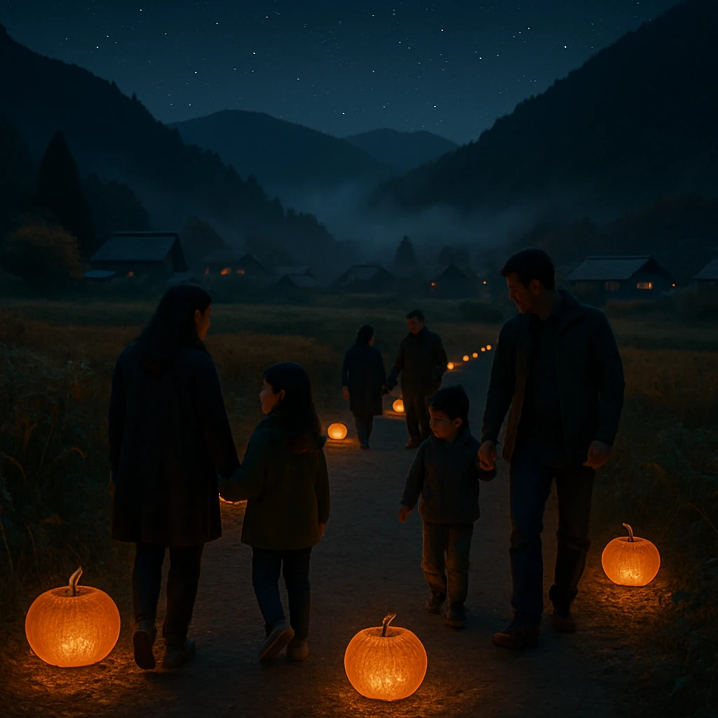 夜の山里で橙色のランタンが道沿いに並び、家族連れや子どもたちが温かい光に照らされて歩いている様子。