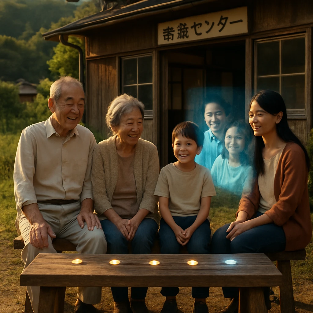 公民館前に設置された木製のベンチに、光る丸いボタンと笑顔の住民たち、ホログラムで映し出された遠方の家族が並んで座っている様子。