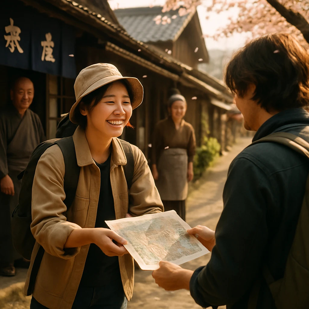 村の商店街の入口で、観光客同士が手描き地図を手渡している心温まる光景。