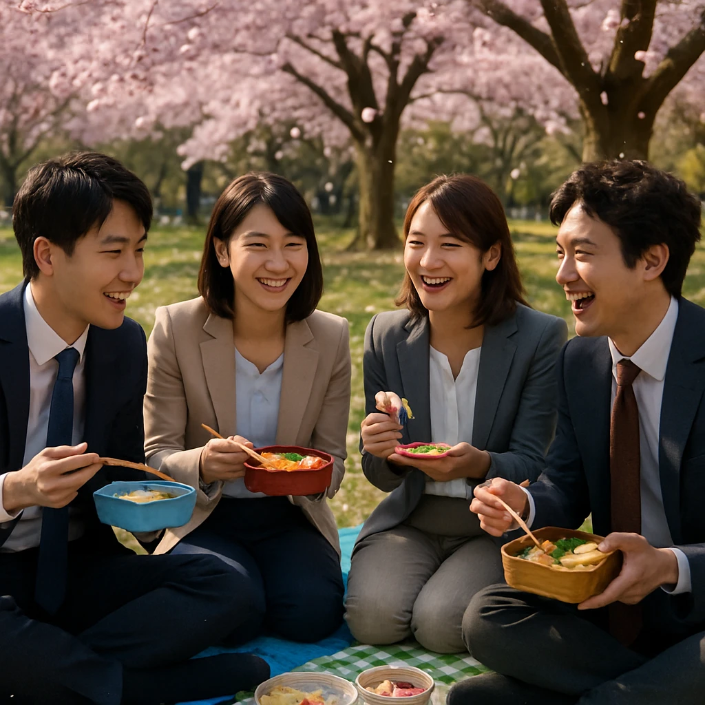 満開の桜の下で若い社会人たちと地元事業者がシートの上に座り、手作り弁当を囲んで笑顔で語り合っている様子。