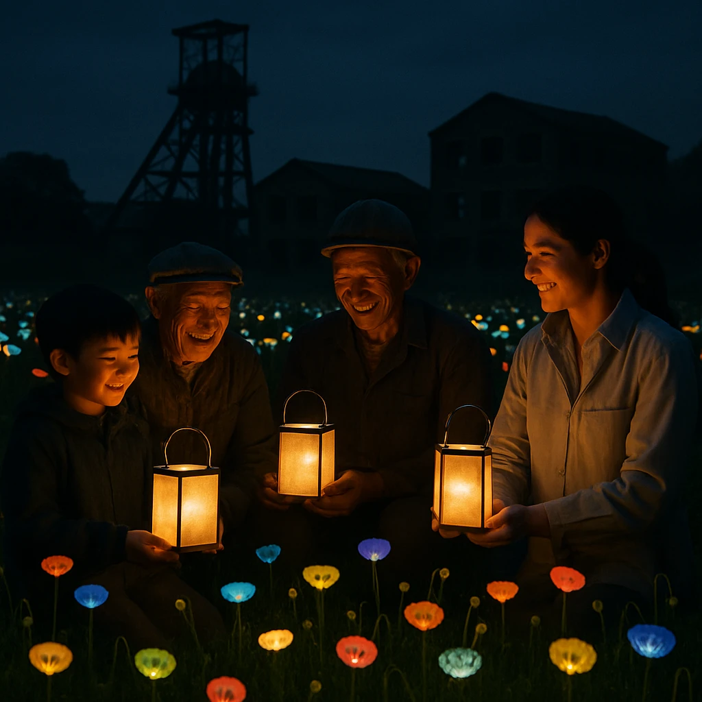 夜の旧炭鉱跡で発光するカラフルな花々に囲まれ、住民たちがランタンを持って集う様子。