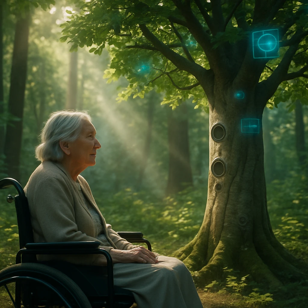森の中で人工樹に優しく話しかける車いすの高齢女性の写真風風景。