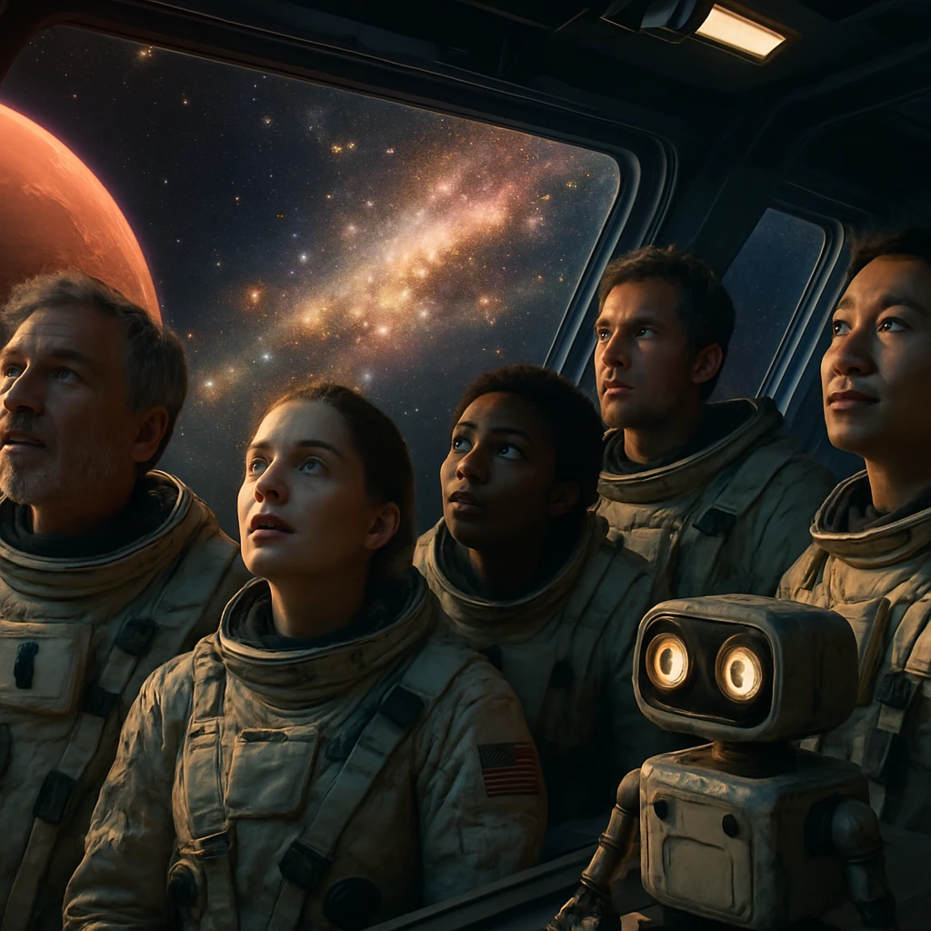 宇宙船の窓越しに銀河団を見つめ、静かに感動している宇宙飛行士たちと小さなロボットの様子。