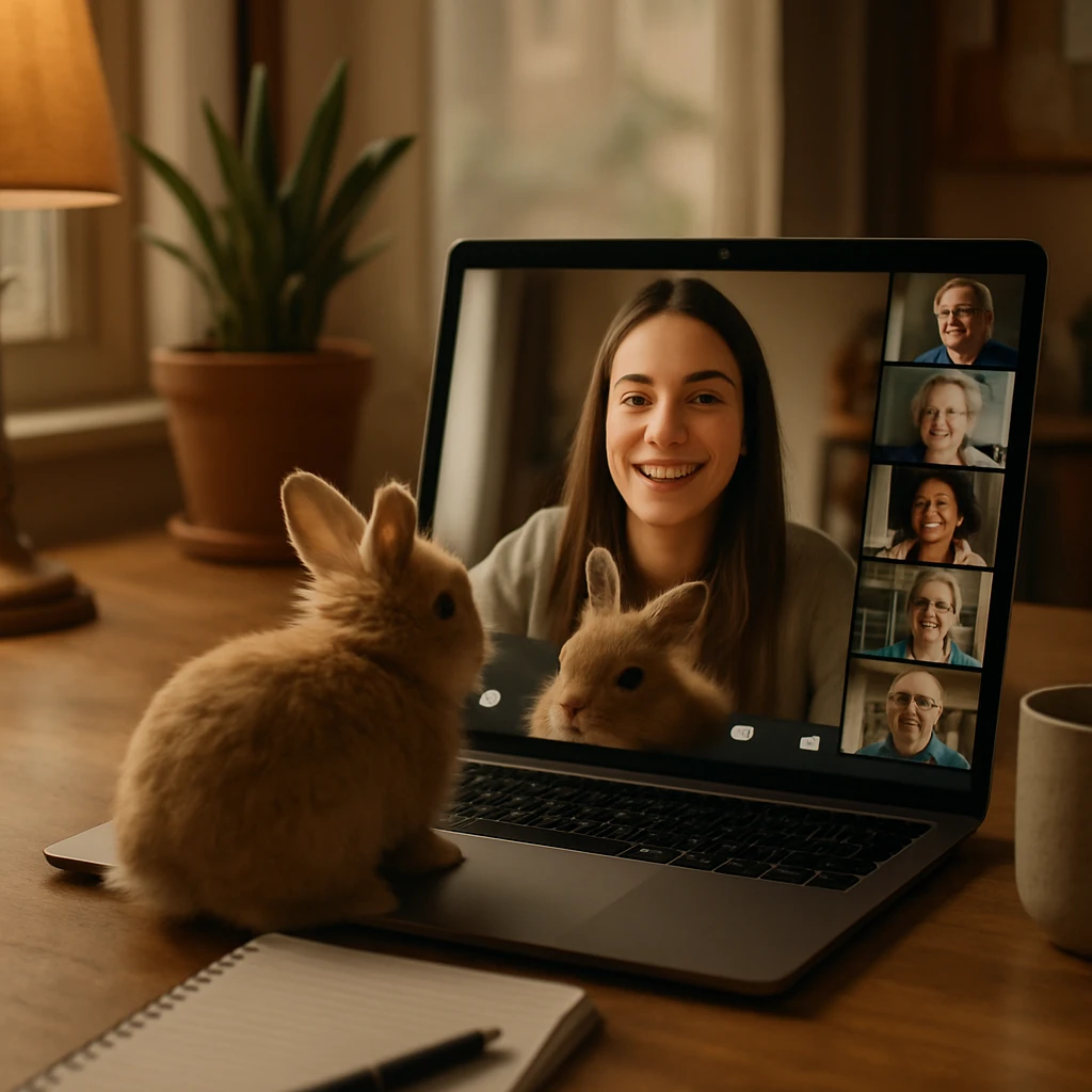 オンライン会議中のノートパソコンの画面に、女性と茶色のウサギが映り、参加者たちが笑顔で反応している様子。