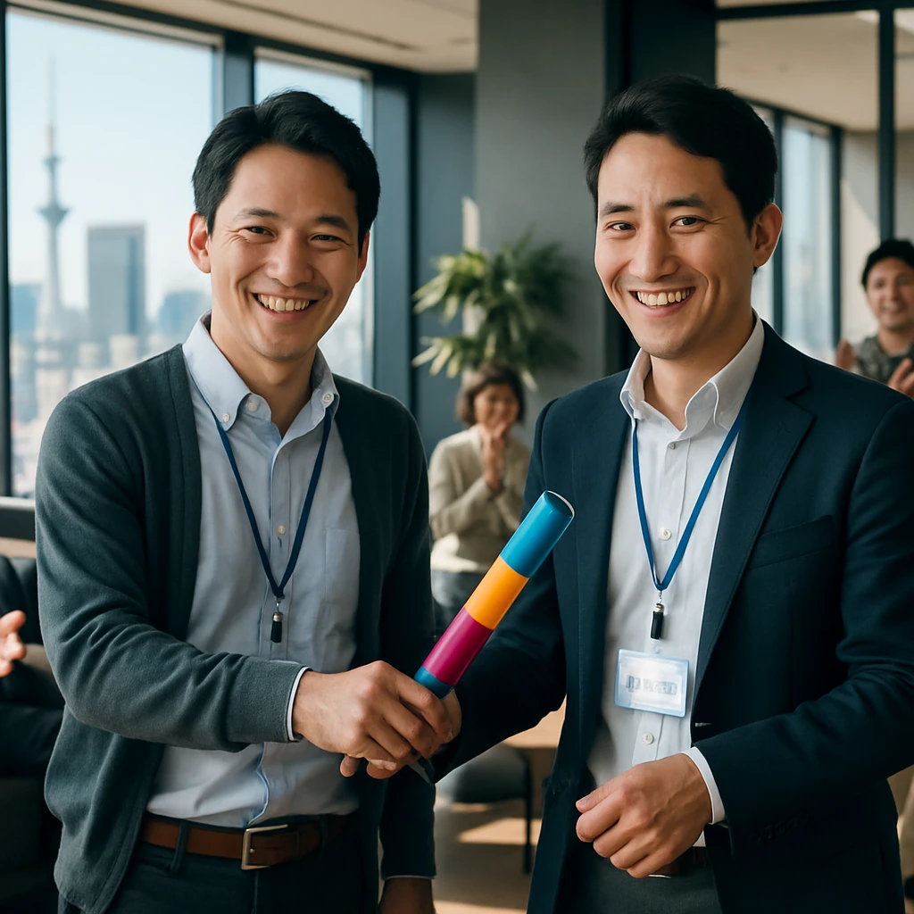 東京のオフィスラウンジで、双子の兄弟がバトンを手渡しながら笑顔を見せ、同僚たちが拍手している様子。