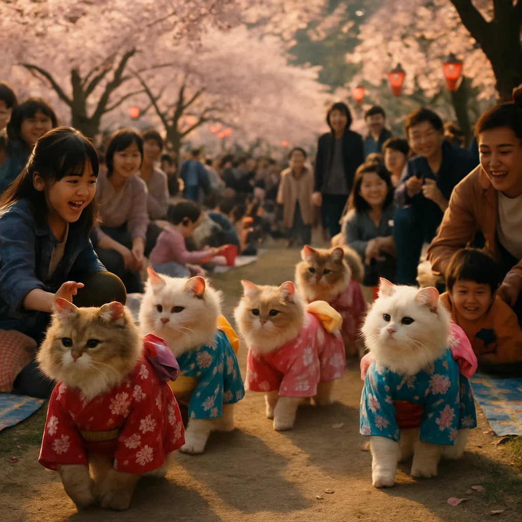 桜の花が咲く春祭りの会場で、浴衣を着た猫たちと人々が集う様子。