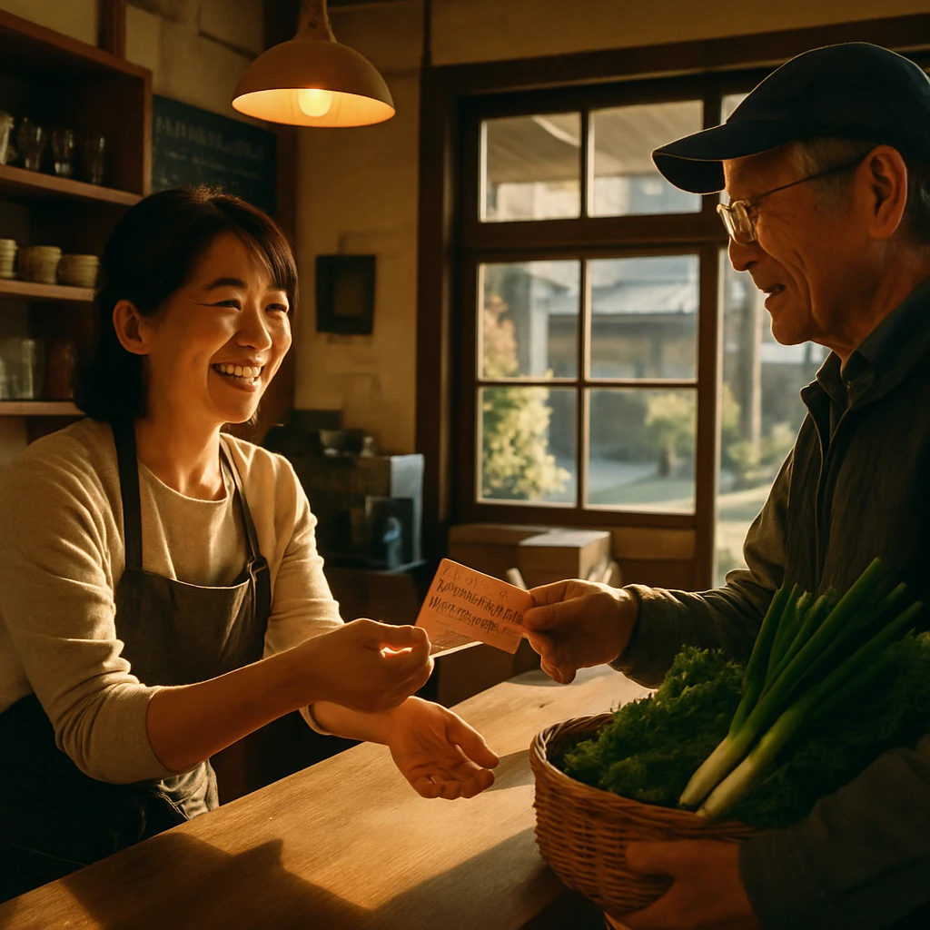 ひまわりカフェの店主が笑顔で野菜を持った来店客に手作りのコーヒー券を渡している、温かな店内の写真。