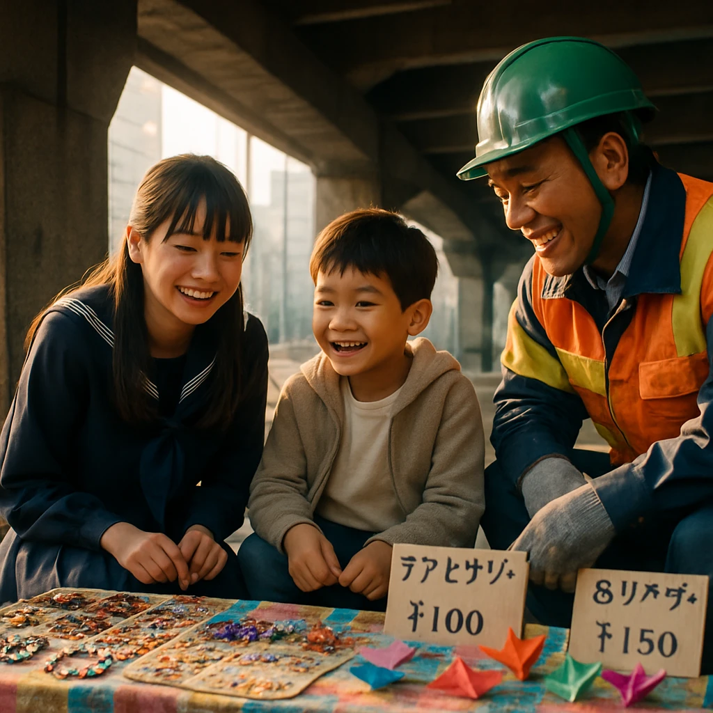 東京の橋の下で、小学生と中学生の子どもたちが手作りの品を並べて市場ごっこをしている様子。