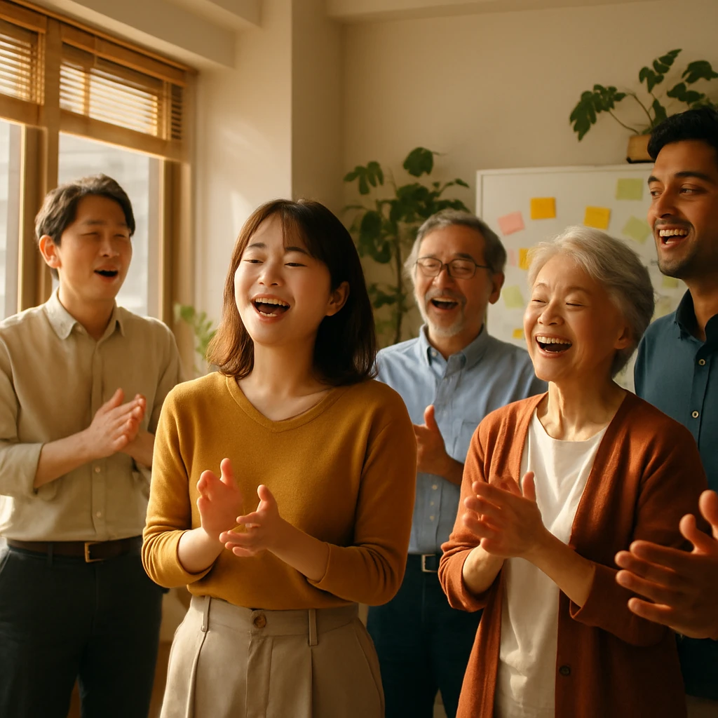オフィスの明るいスペースで社員たちが輪になり、笑顔で歌っている様子。
