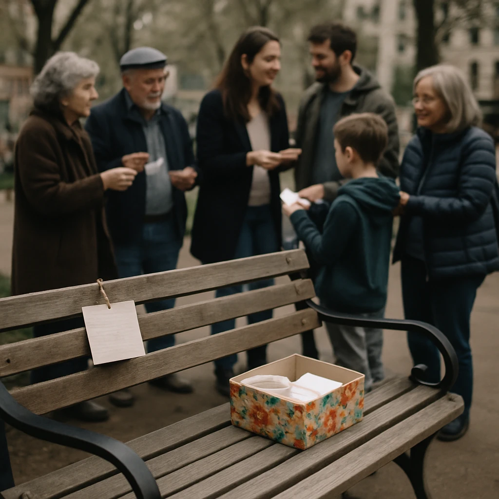都心の公園にある木製ベンチに手書きの張り紙とカードの入った箱が置かれ、周囲にさまざまな年代の人々が集まりカードを交換している様子。
