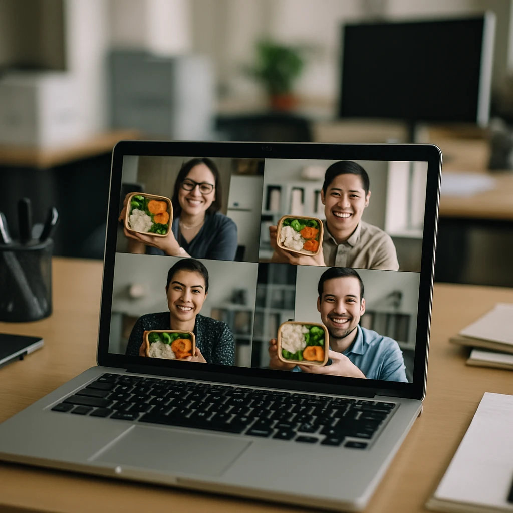 ノートパソコンの画面にビデオ通話で自作のお弁当を見せ合う複数のリモートワーカーの笑顔が映るオフィスの机の上の様子。