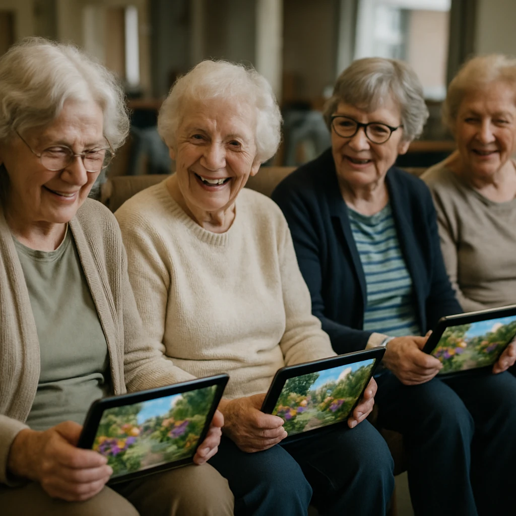 数人のおばあちゃんたちがタブレットを手に笑顔でオンラインライブに参加している様子の写真。