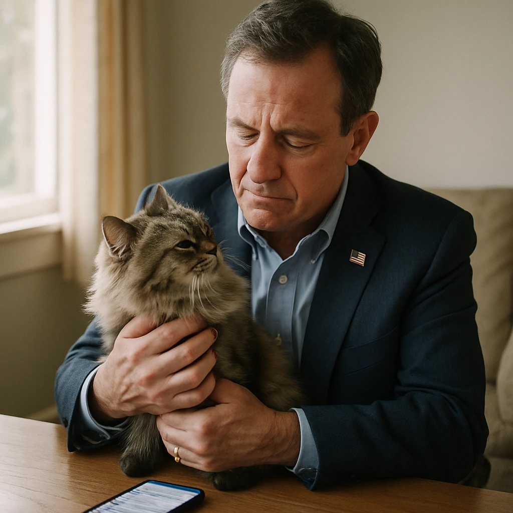 中年の男性議員が室内で愛猫を優しく抱きスマートフォンを見つめる様子。