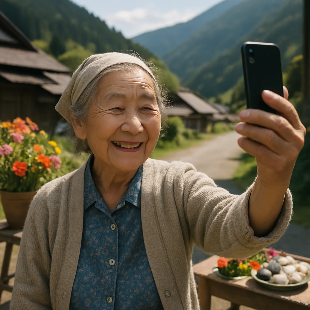 おばあさんが山間の集落でスマートフォンを手に笑顔で自撮りしている様子の写真。