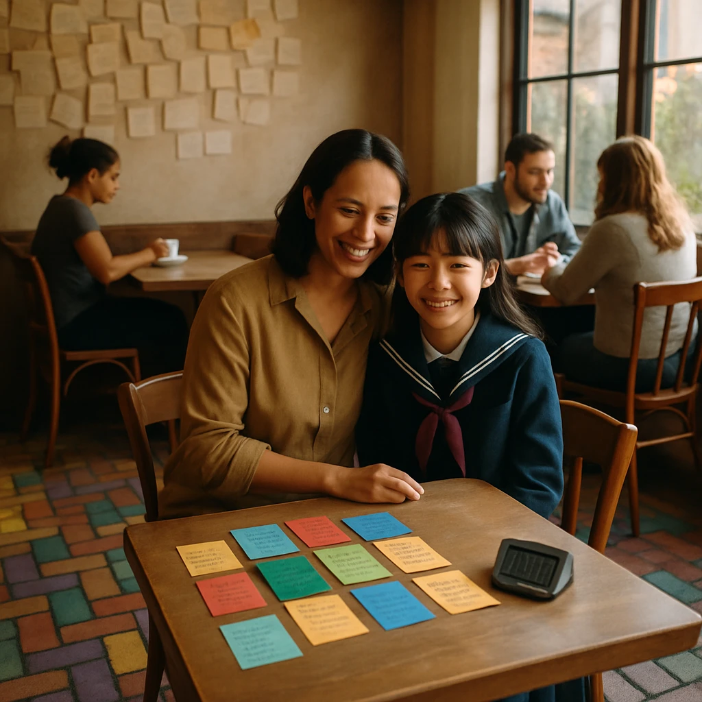 虹色のレンガ床が敷かれたカフェで、多国籍の客たちが笑顔で過ごす様子を撮影した写真。