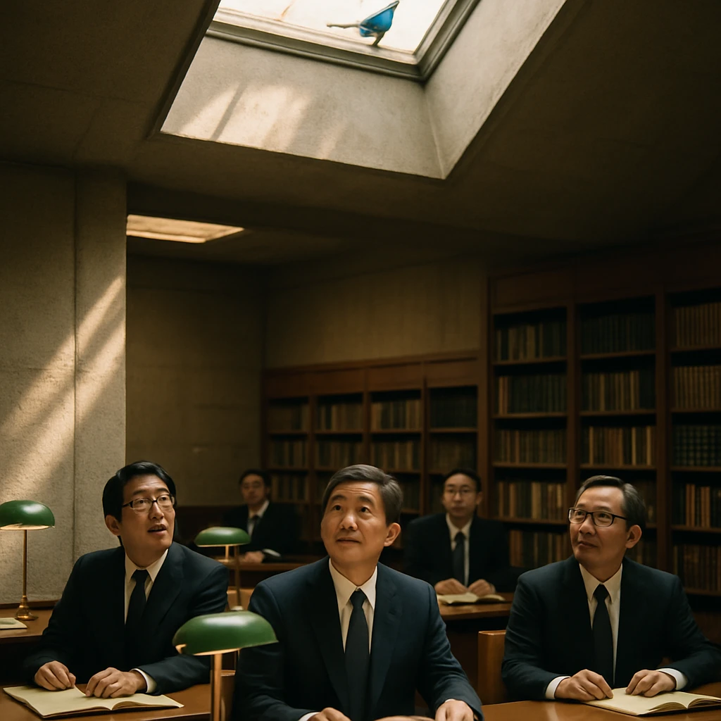 国会図書館の閲覧室で、天窓に青い小鳥が止まり、議員たちが温かい表情で見上げている場面の写真。