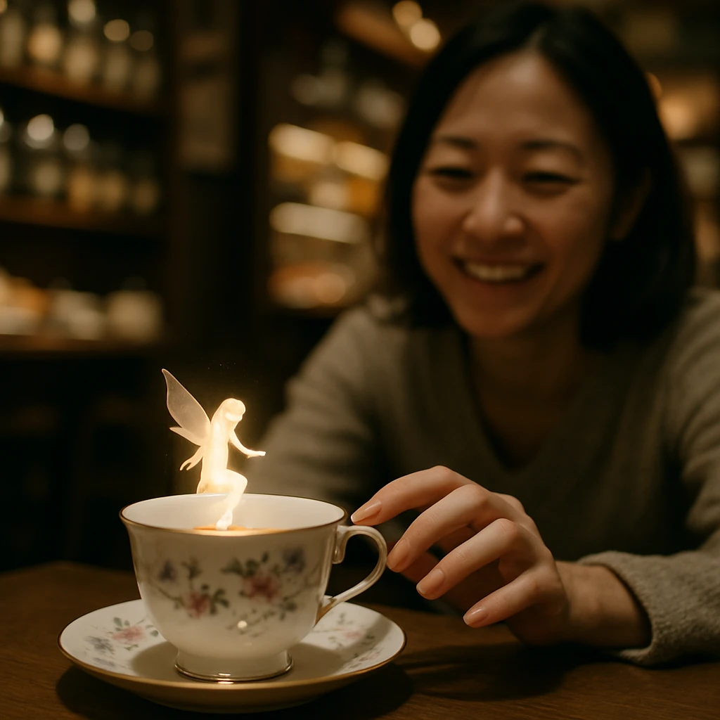 銀座のカフェでティーカップのふちに光をまとった妖精風のフィギュアが現れ、30代の笑顔の客が手を伸ばしている様子の写真。