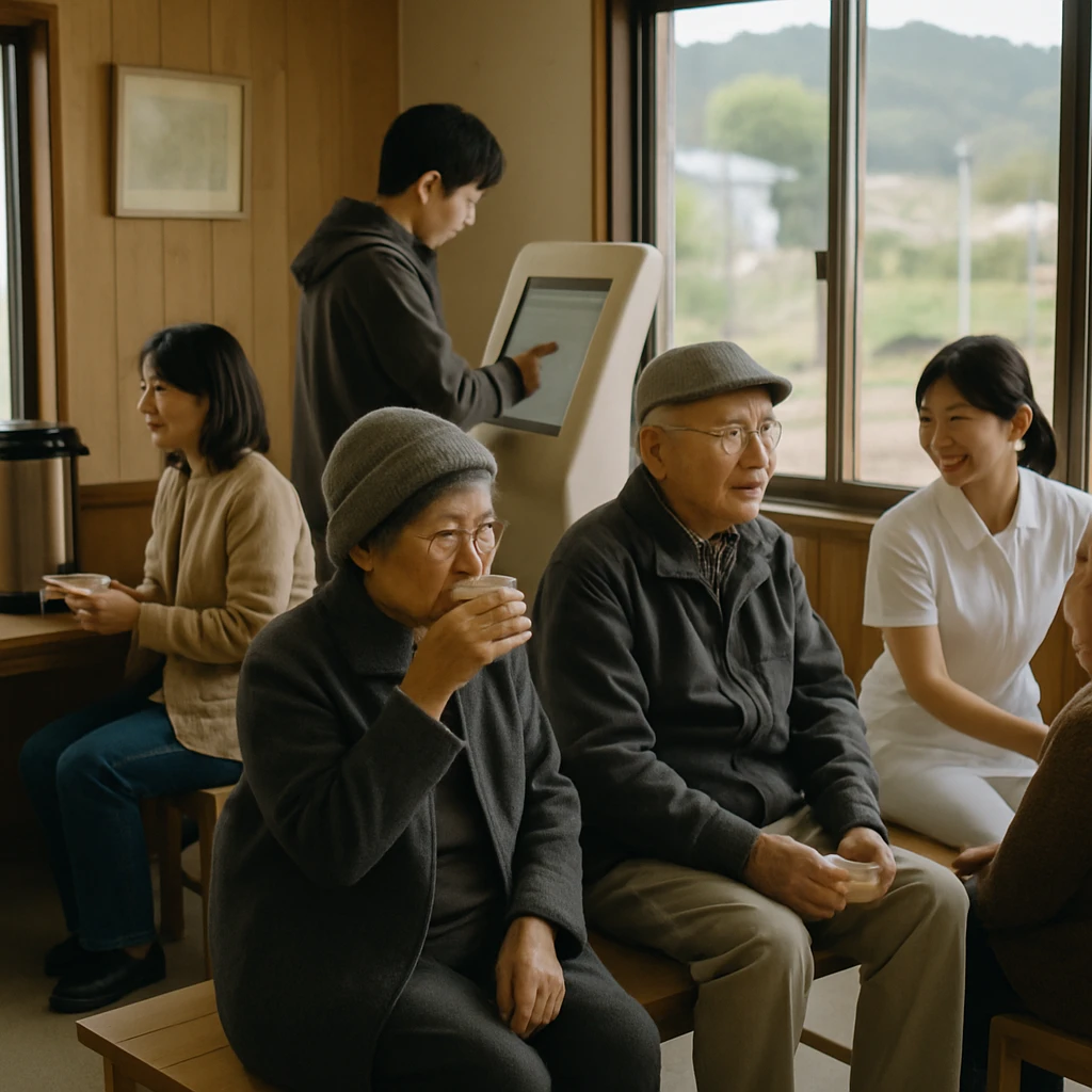 癒やし空間に生まれ変わった地方駅の待合室で、人々がハーブティーや健康チェックを楽しみ、看護師が利用者に親切に対応している様子。