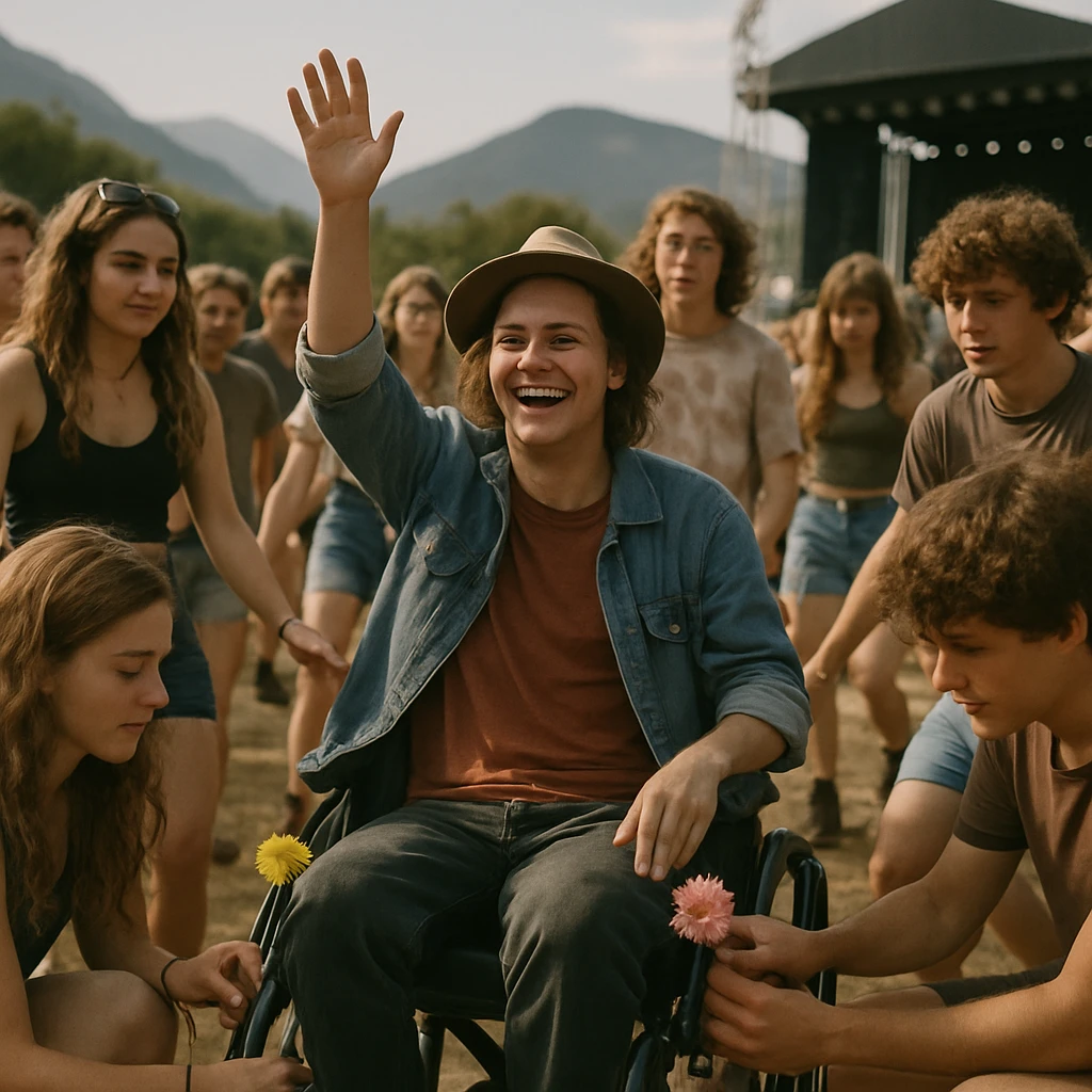 野外音楽フェスのステージ前で、車椅子の男性が笑顔で手を挙げ、周囲の若者たちが優しくスペースを作り花飾りを車椅子に取り付けている様子。