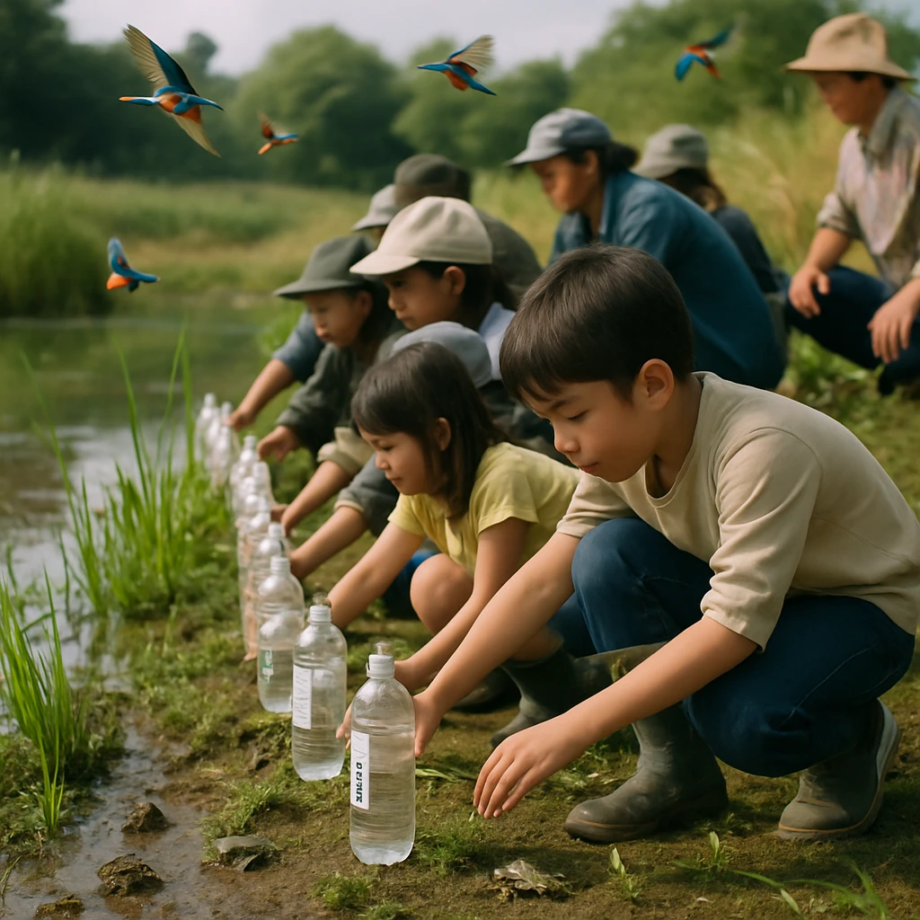 砂漠の中にある湿地で、子どもたちと住民たちが「ありがとう」と書かれたボトルを水辺に並べている。