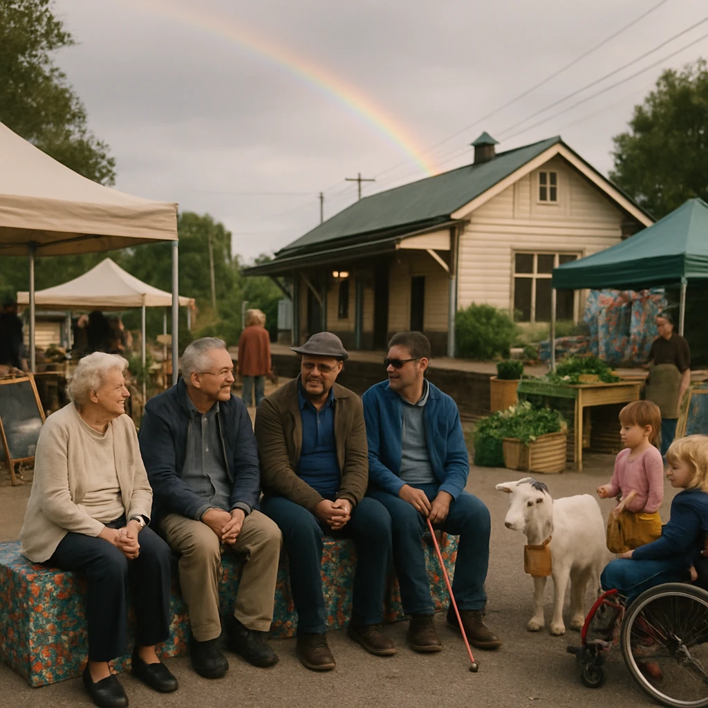 駅前広場で再生素材ベンチに様々な世代や車いす利用者が集い、ヤギや再利用品カート、カラフルなマルシェの並ぶにぎやかな様子が虹の下に広がる写真。