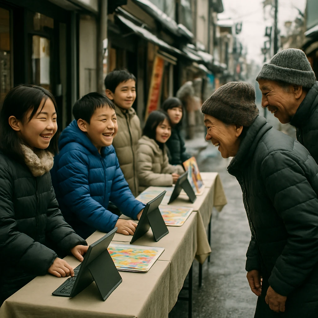 冬の活気ある商店街で、子ども店長たちがタブレットを使いながらお年寄りのお客さんと笑顔で会話している様子。