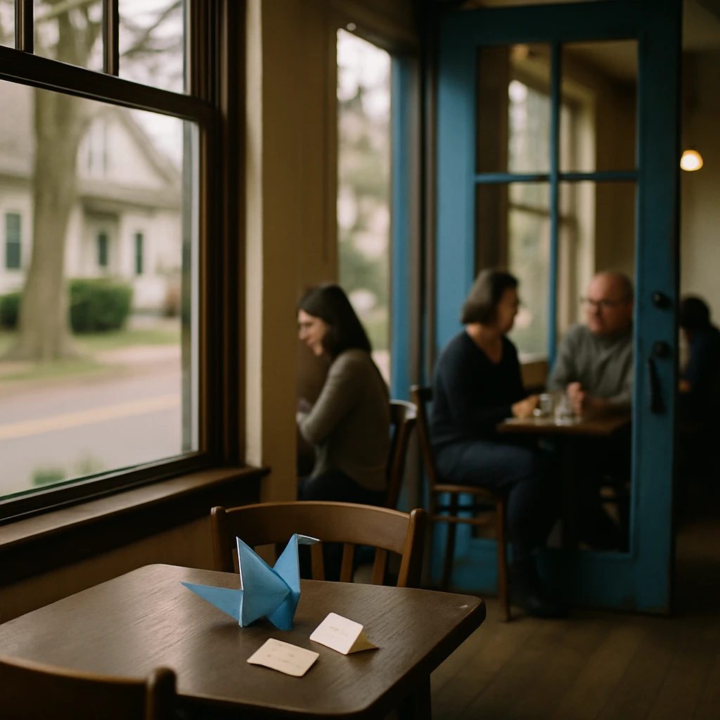 青い扉と大きな窓のあるカフェの店内で、テーブルに折り紙の青い鳩が飾られている様子。