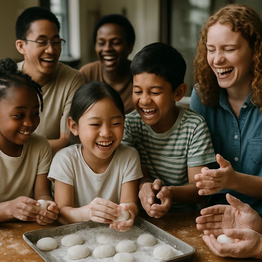 多国籍の子どもたちと大人たちが一緒にテーブルでおもち作りを楽しむ様子の実写写真。