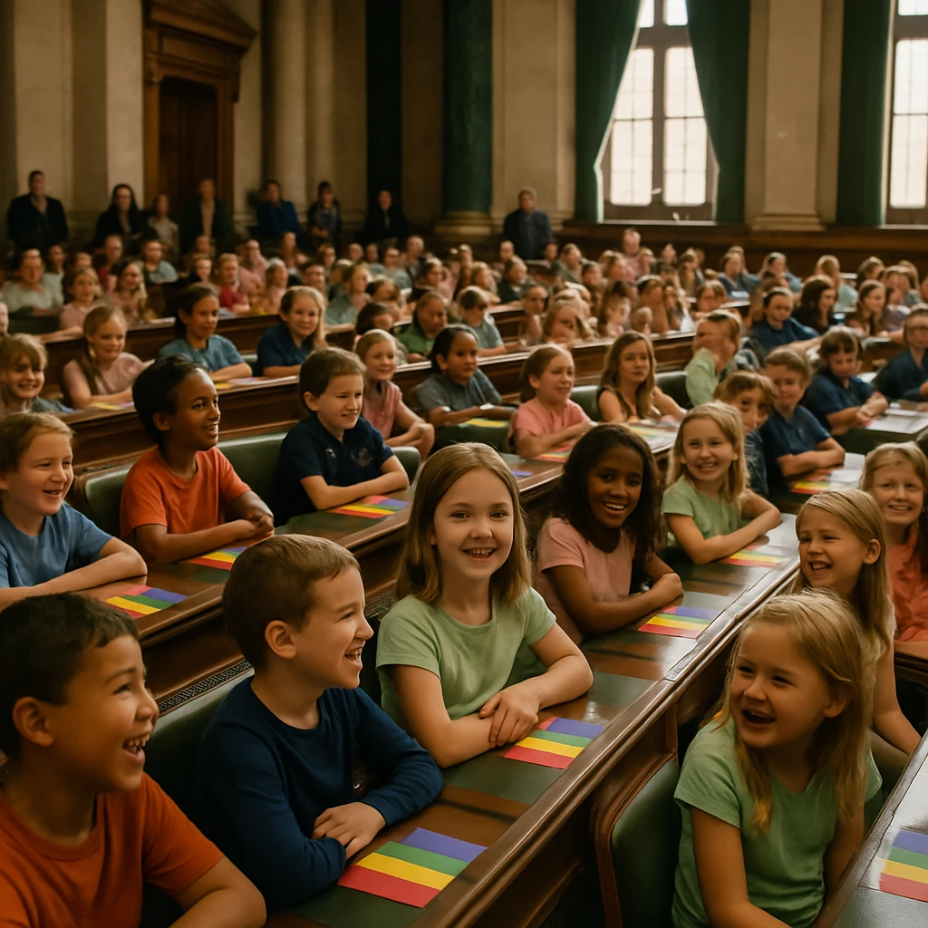 国会の大広間で虹色の短冊に囲まれて着席する100人の小学生たちの様子。