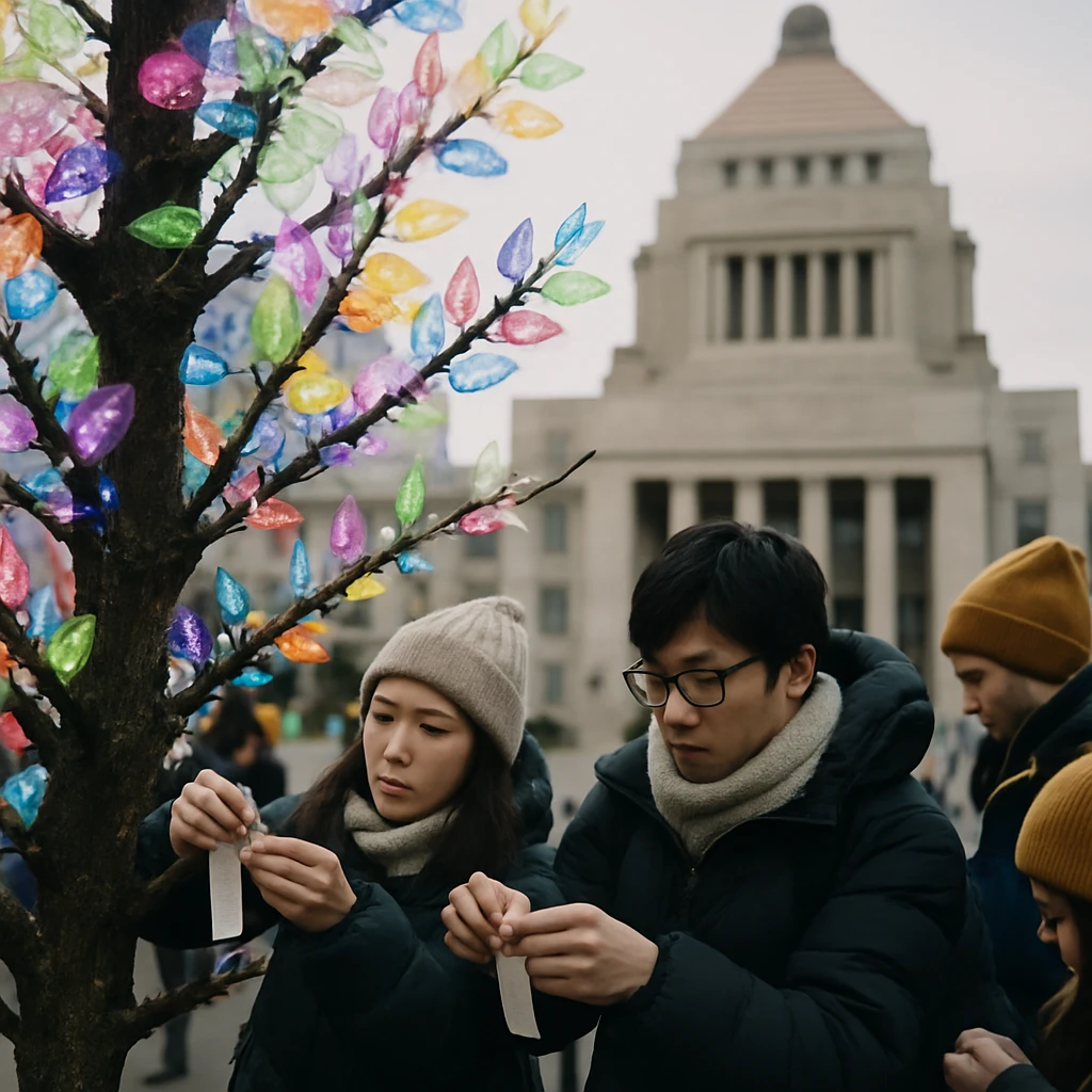 国会前の広場で若者たちがカラフルなLEDの葉とともに巨大な人工樹にタグを結びつけている写真です。