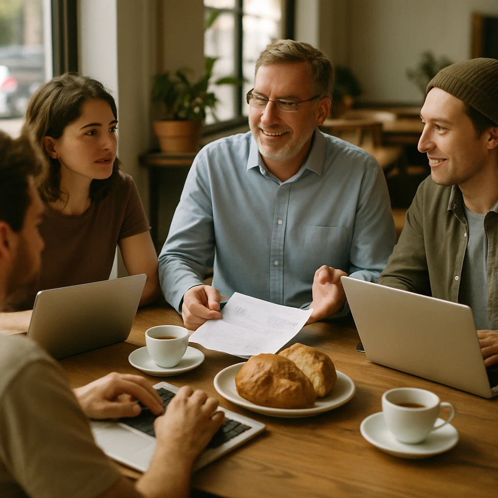カフェの木のテーブルにノートパソコンやパン、コーヒーが並び、デジタルノマドたちと税務相談員がリラックスした雰囲気で話している様子。