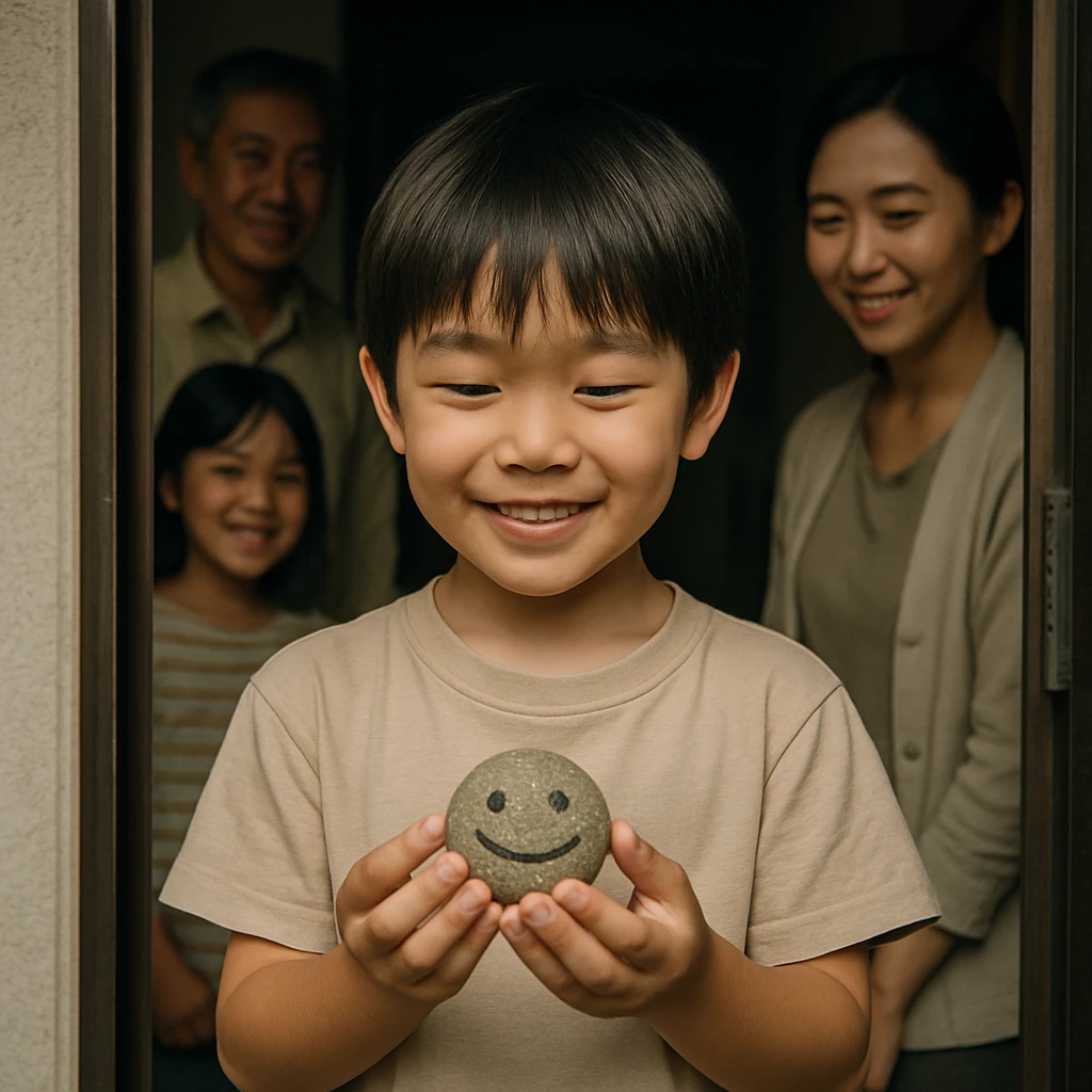玄関先で笑顔模様の石を嬉しそうに見せる少年と、その石を囲んで微笑む家族の様子。