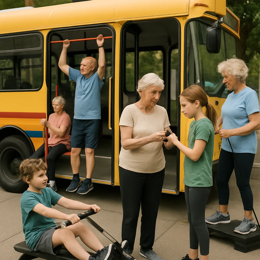 フィットネス器具付きのカラフルなバスのそばで、高齢者と子どもが一緒にトレーニングを楽しむ様子。
